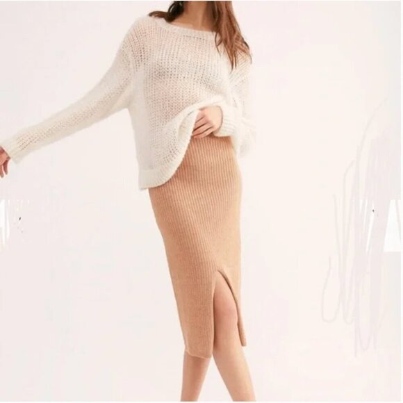 Free People Dresses & Skirts - Free People Skyline Rib Midi Skirt Size Small Camel Front Slit